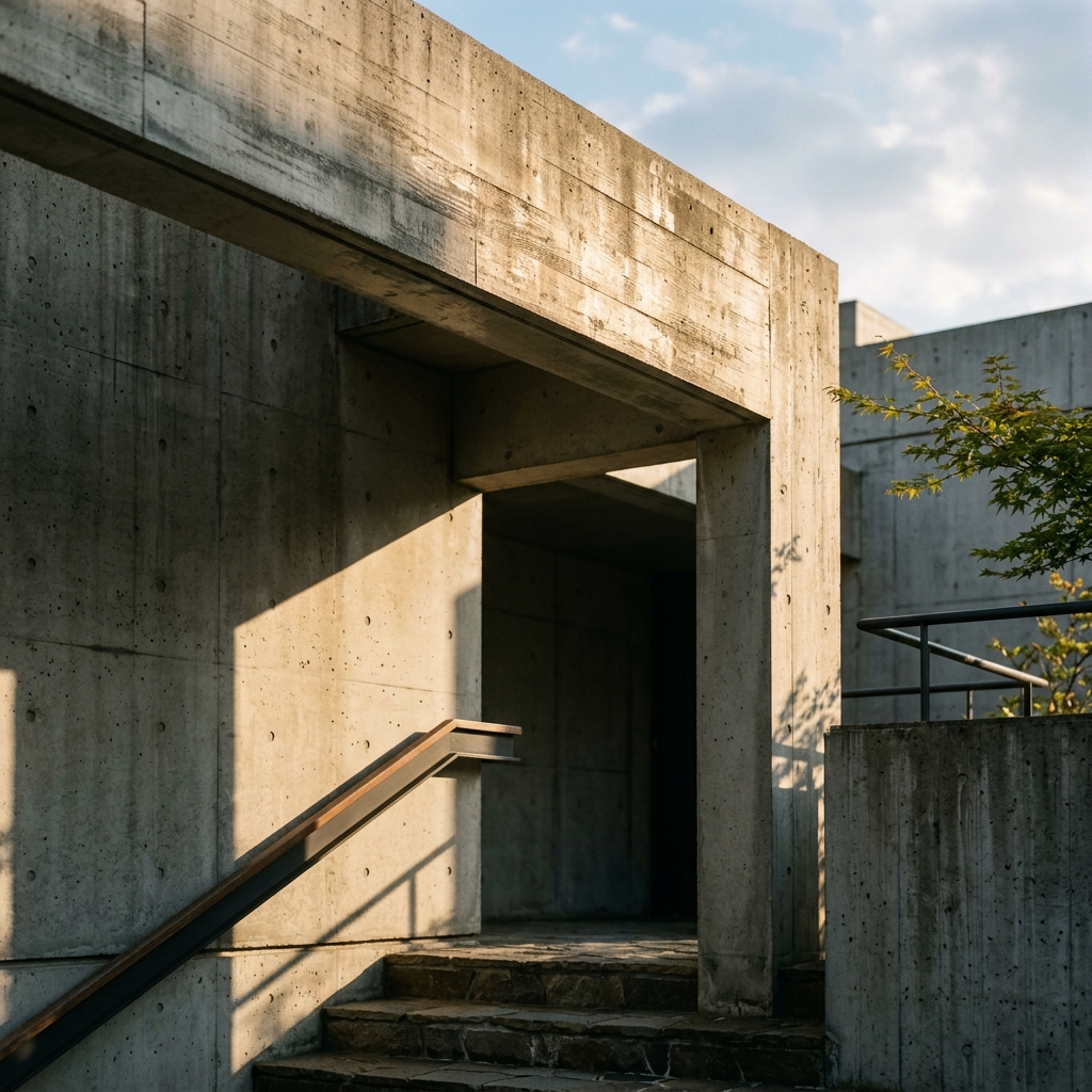 Industrial brutalist architecture with raw concrete textures and sharp geometric shadows