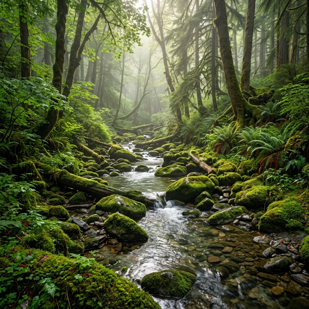 Premium photography of a crystal clear forest brook with lush green moss and soft sunlight